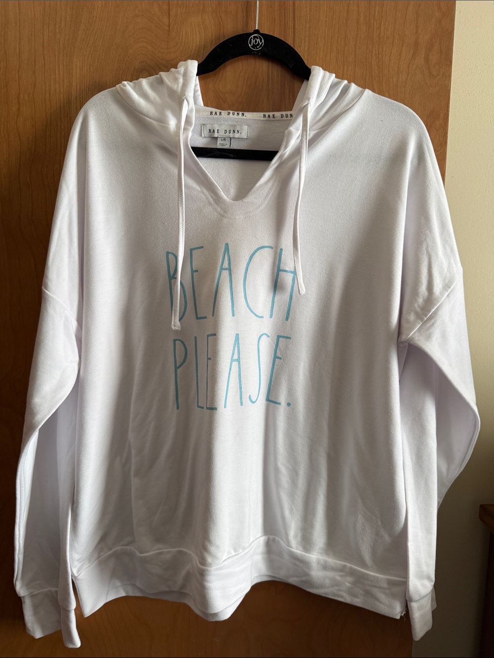 Rae Dunn White Hoodie with Light Blue 'Beach Please' Text